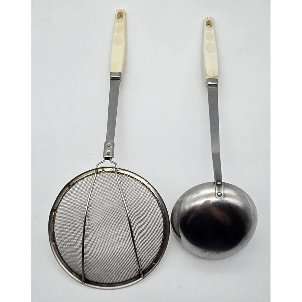 Vintage‎ Japan Stainless Floral Handle Kitchen Utensils Set Ladle Strainer